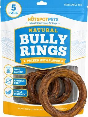 Natural Bully Stick Rings for Dogs - 5 Pack, 4-Inch Chew Treats, Healthy Dog